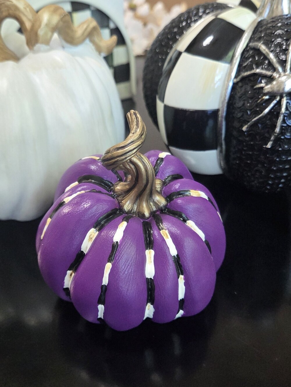 Whimsical Hand Painted Black and White Checkered Striped Piped Mini Pumpkin